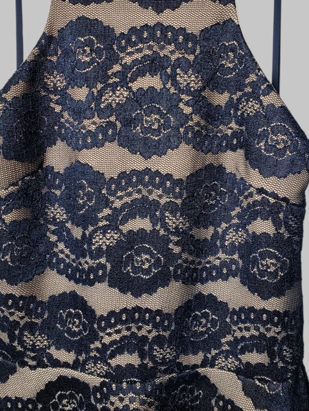 ANGL Nude Lace Fit & Flare Skater Dress Open Back Party Dress Navy Blue Medium - Picture 6 of 14